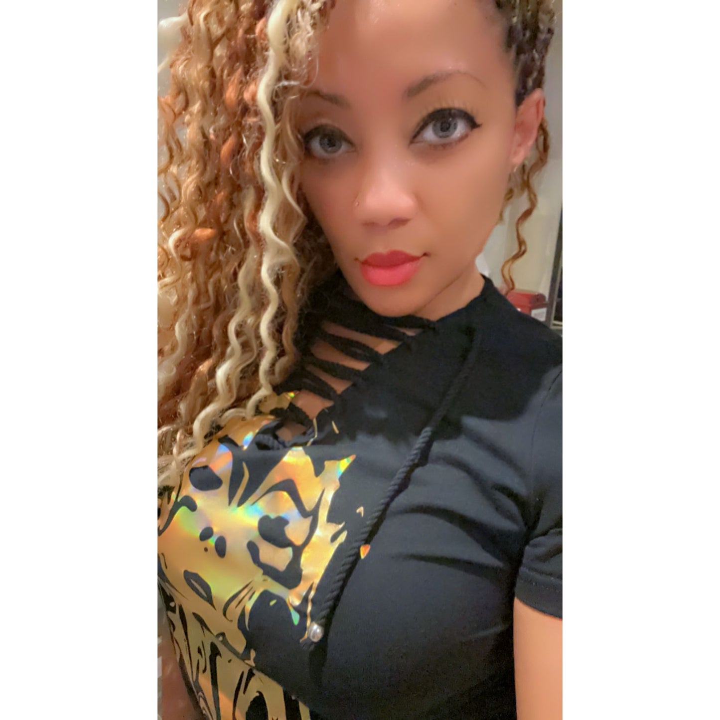 HER Too Custom Graphic Printed Plunge Neck T Shirt Black Gold Foil Short Sleeve