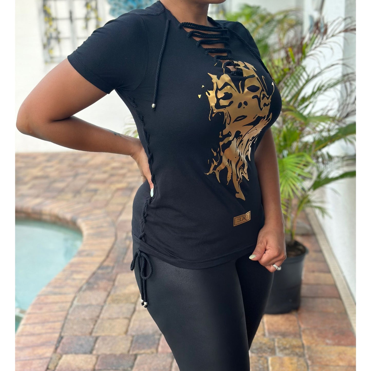 HER Too Custom Graphic Printed Plunge Neck T Shirt Black Gold Foil Short Sleeve