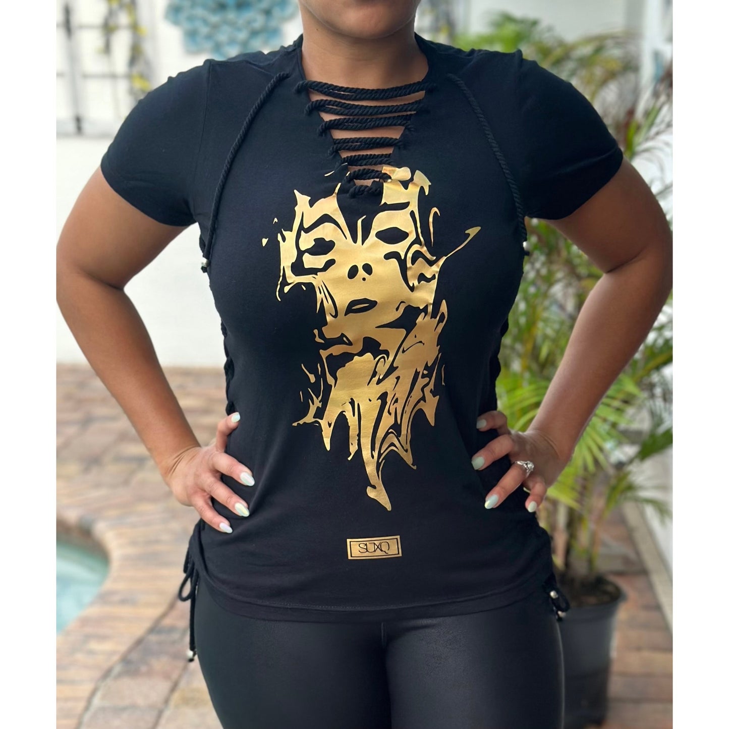 HER Too Custom Graphic Printed Plunge Neck T Shirt Black Gold Foil Short Sleeve