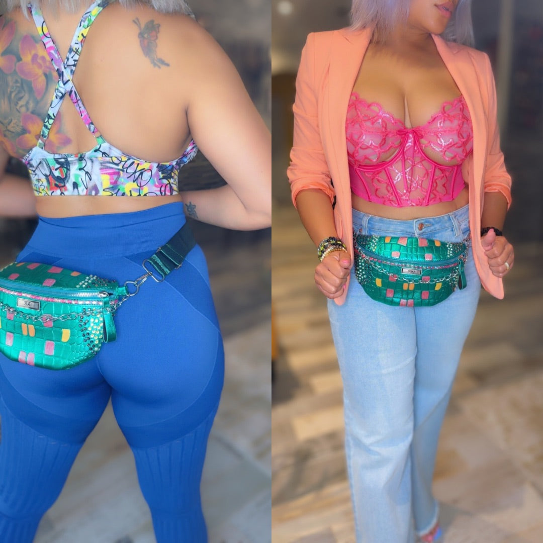 Bedazzled Green Metallic Crossbody Waist Bag