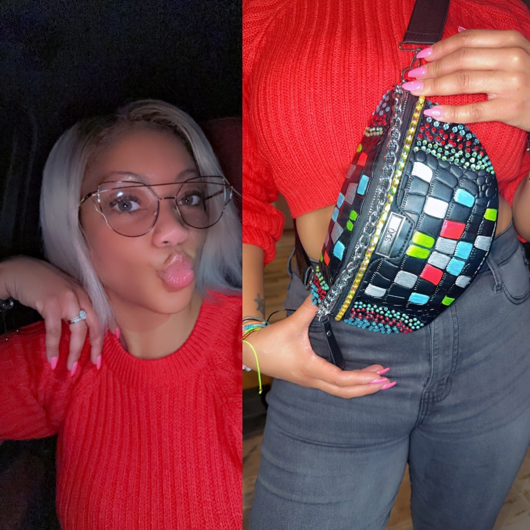 Bedazzled Black Metallic Crossbody Hipster Bag