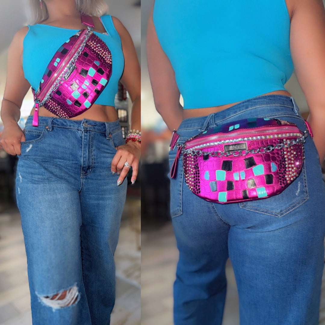 Bedazzled Pink Metallic Crossbody Hip Bag
