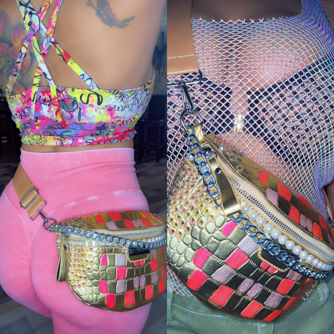 Bedazzled Metallic Crossbody Hipster Bag