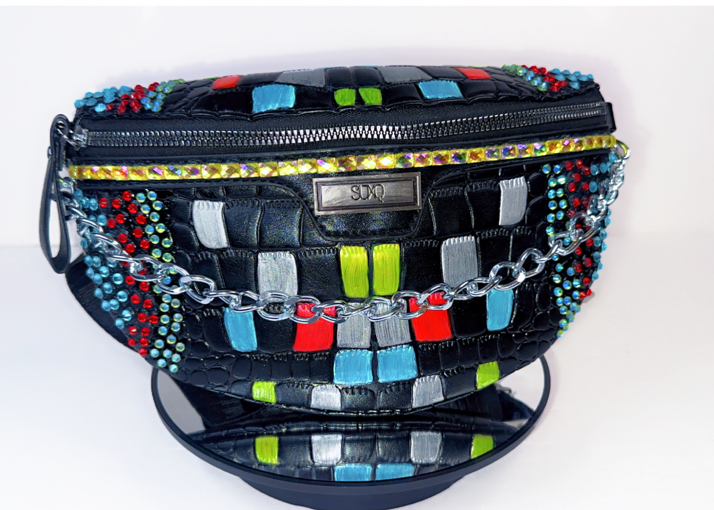 Bedazzled Black Metallic Crossbody Hipster Bag