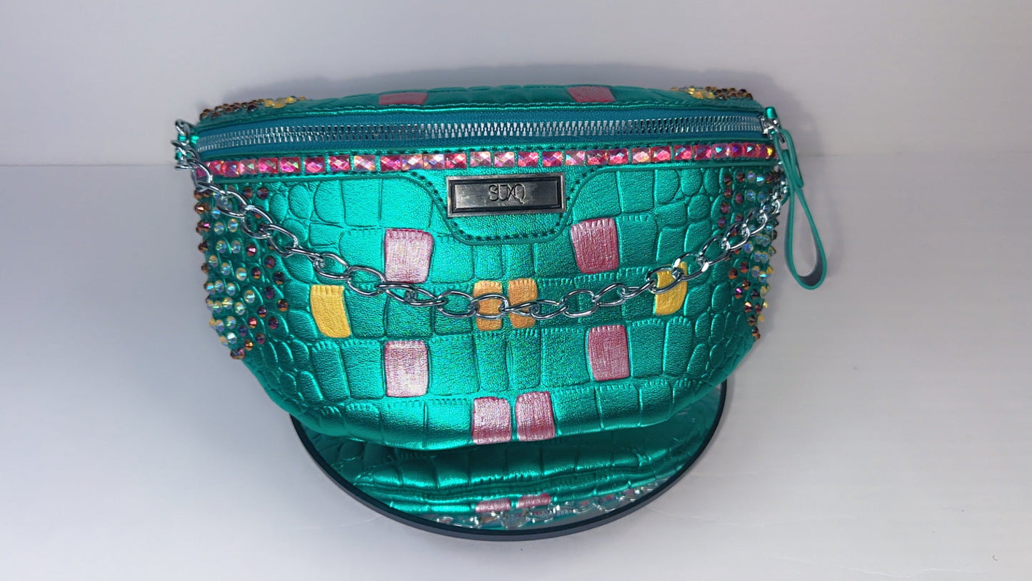 Bedazzled Green Metallic Crossbody Waist Bag