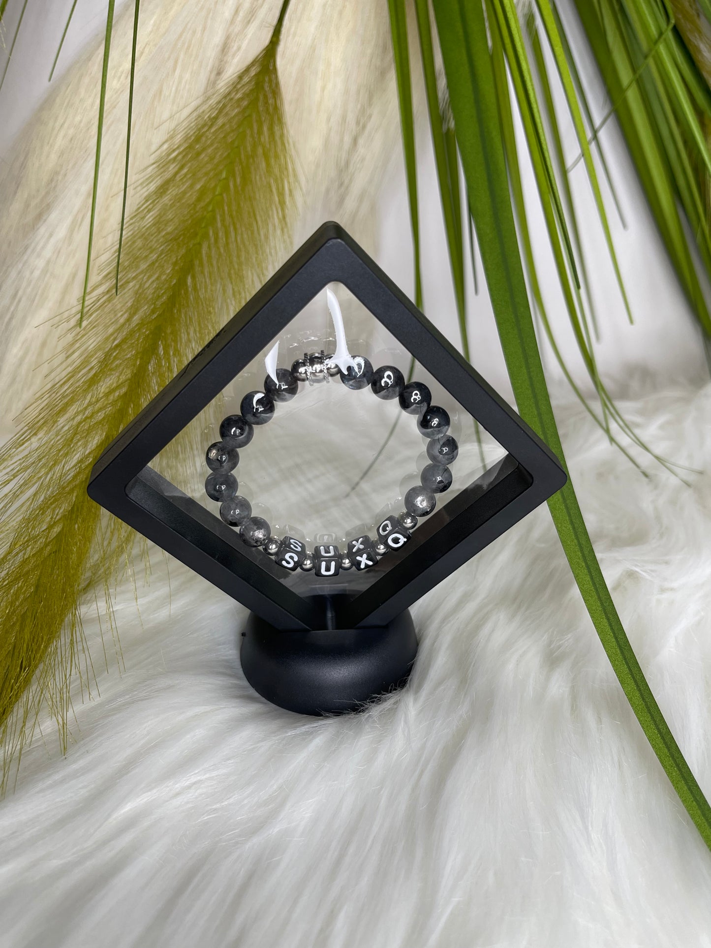 Black Labradorite Natural Stone 8mm “SUXQ” Black Box Stretchy Novelty Bracelet