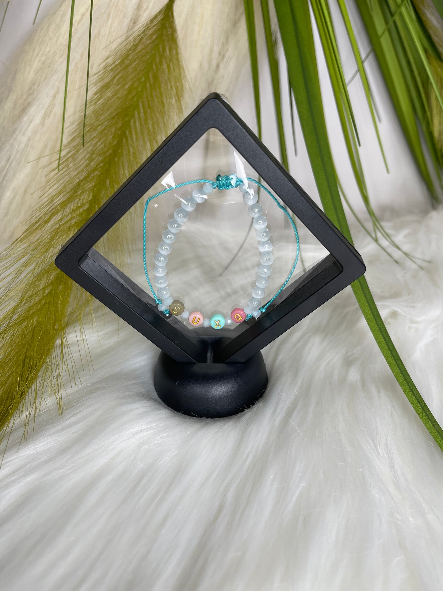 White Tiger Eye “SUXQ” Turquoise Adjustable Rope Novelty Bracelet