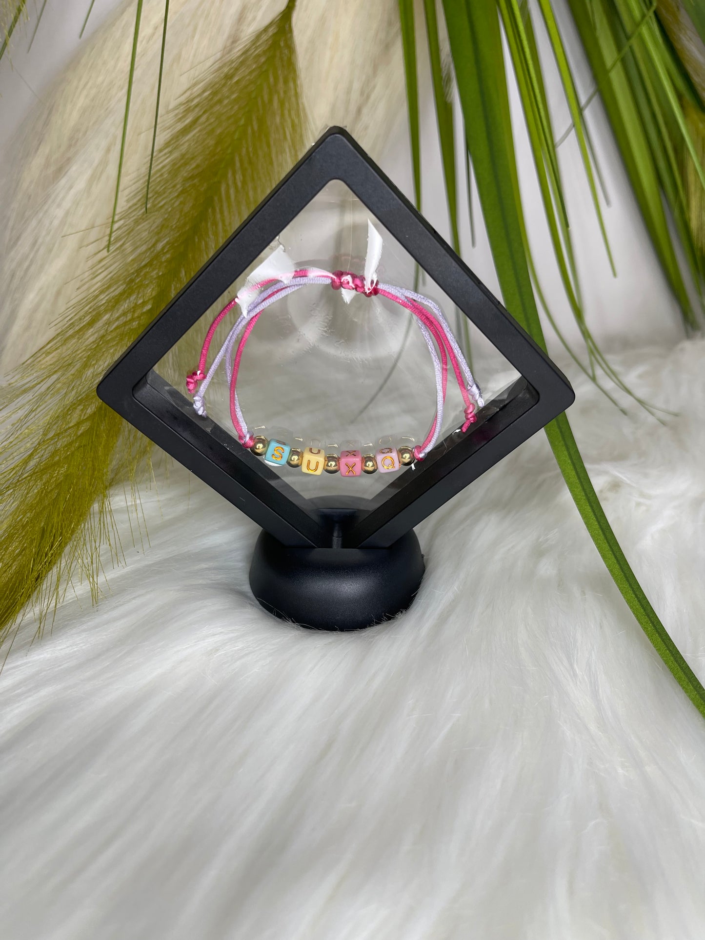 Pink and Lavender Silk Adjustable Wax Cord “SUXQ” Novelty Bracelet
