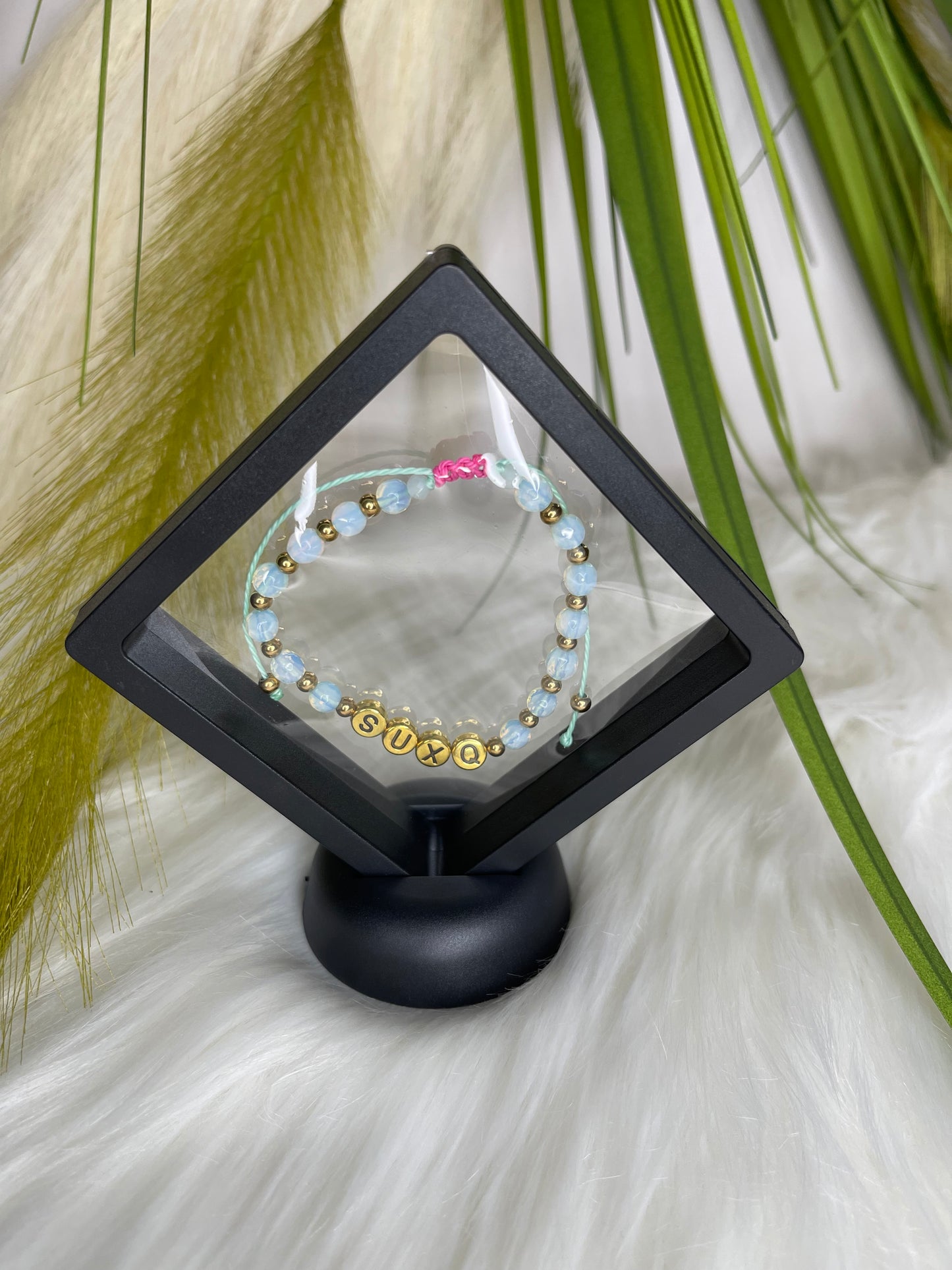Opal Natural Stone “SUXQ” Mint Green Cord Novelty Bracelet