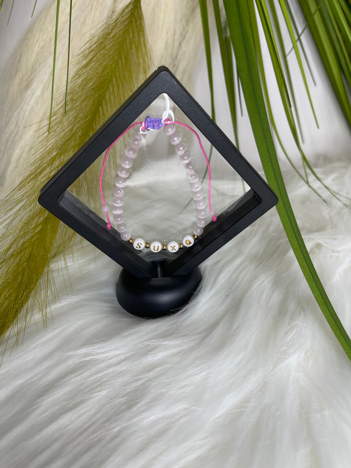 White Tiger Eye “SUXQ” Pink Adjustable Rope Novelty Bracelet