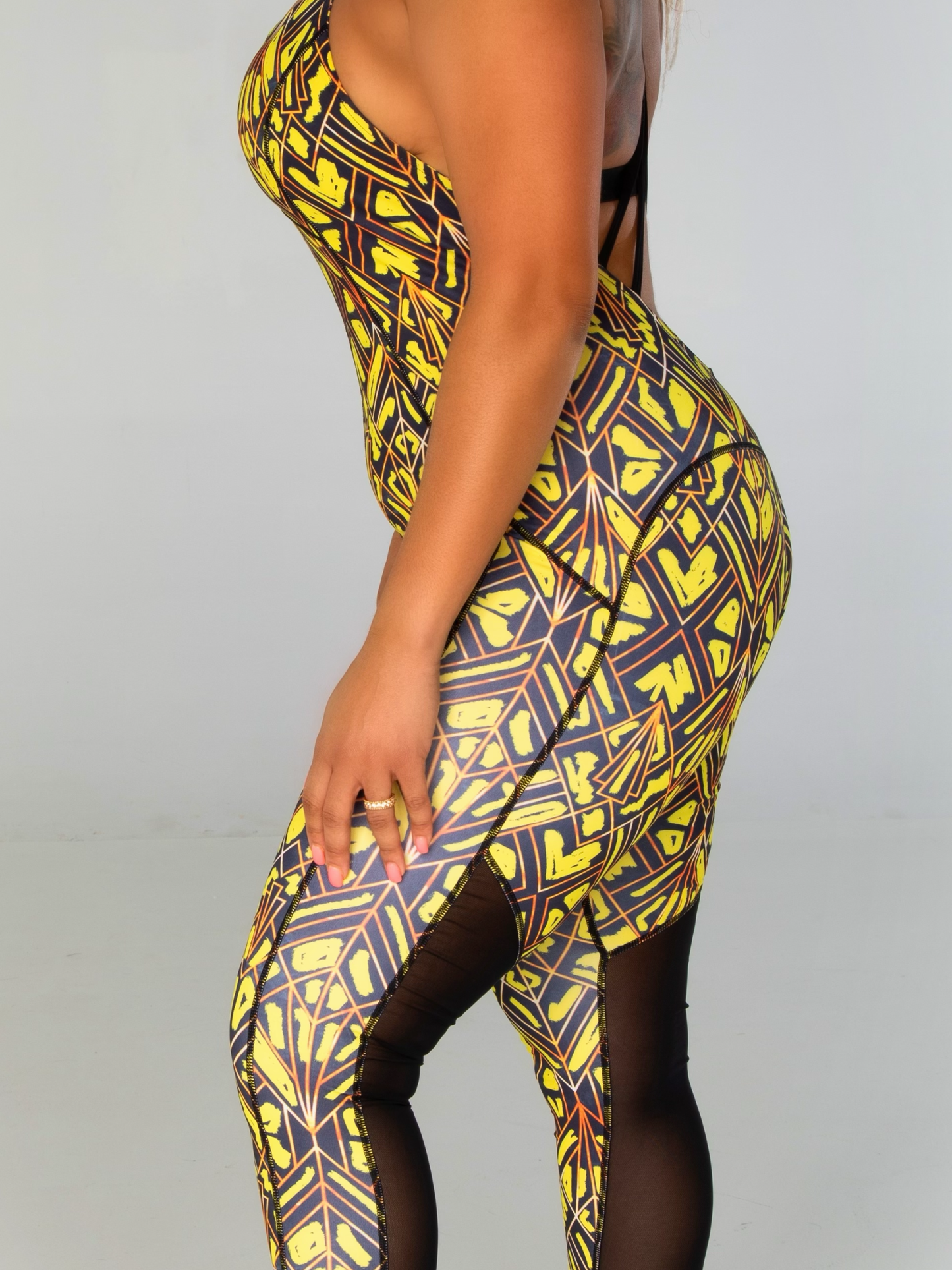 Womens Bumble Bee Theme Print Mesh Jumpsuit