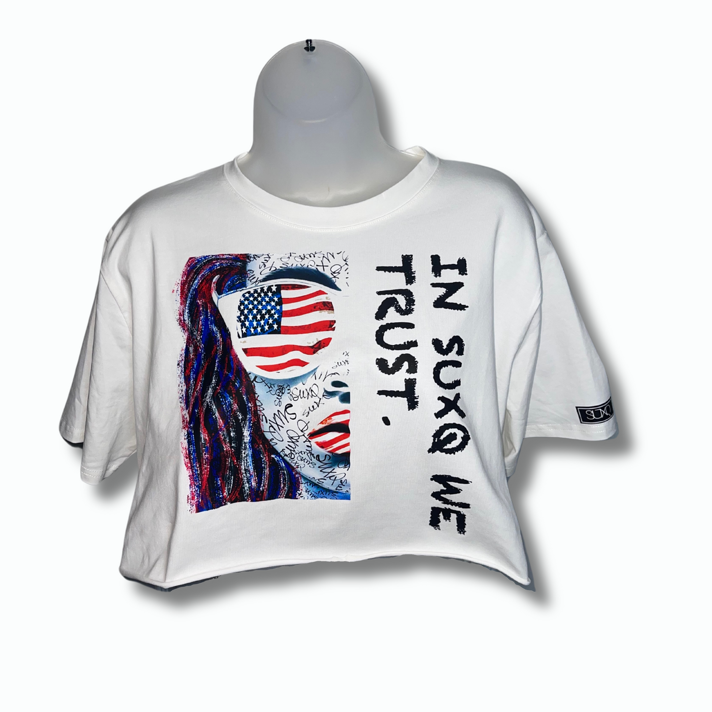 Women Short Sleeve Graphic Tee Cropped Top In SUXQ We Trust