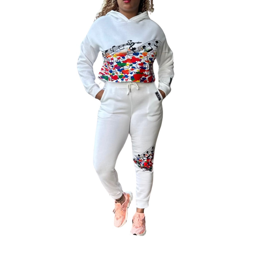 Women Love Notes 2 PC Graphic Set Crop Hoodie and Matching Sweat Pants White