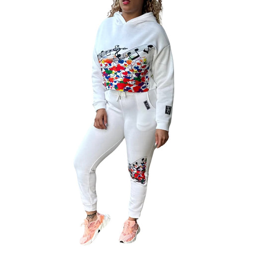 Women Love Notes 2 PC Graphic Set Crop Hoodie and Matching Sweat Pants White
