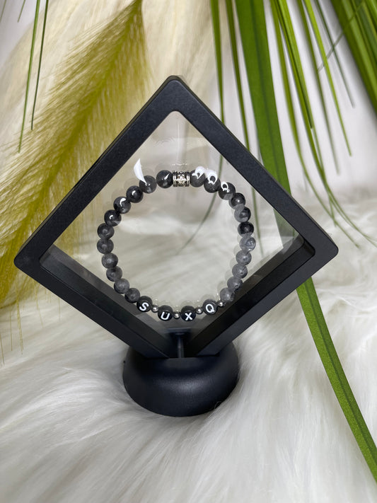 Black Labradorite Natural Stone 6mm “SUXQ” Black Plate Stretchy Novelty Bracelet