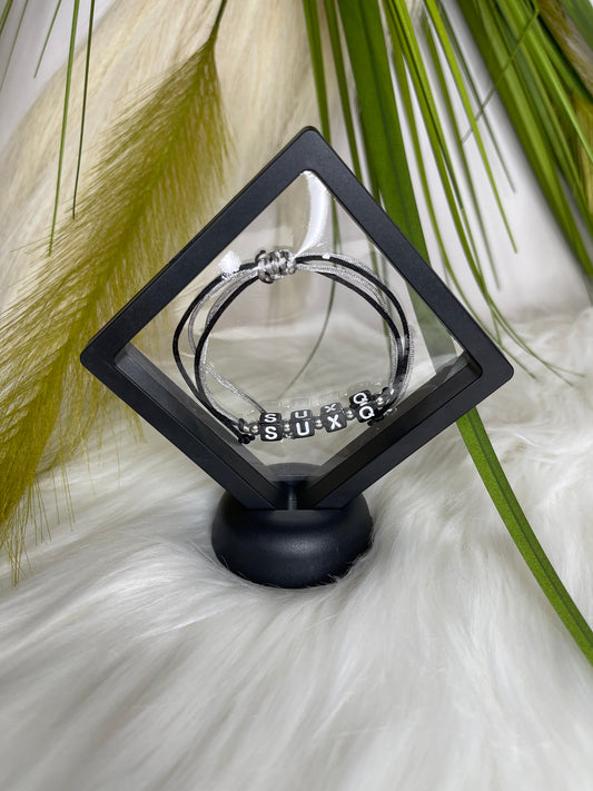 Black Silver Silk Adjustable Wax Cord “SUXQ” Novelty Bracelet