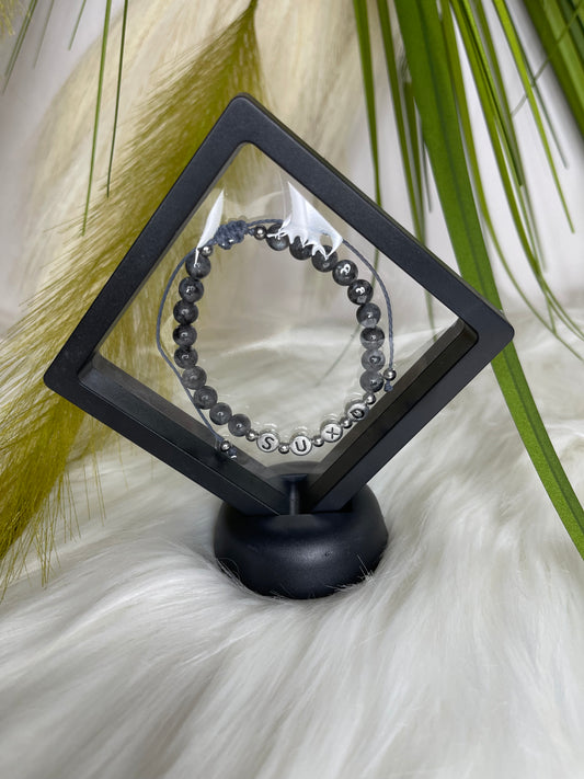 Black Labradorite Natural Stone 6mm “SUXQ” Adjustable Novelty Bracelet