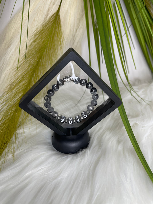 Black Labradorite Natural Stone 8mm “SUXQ” Black  Stretchy Novelty Bracelet