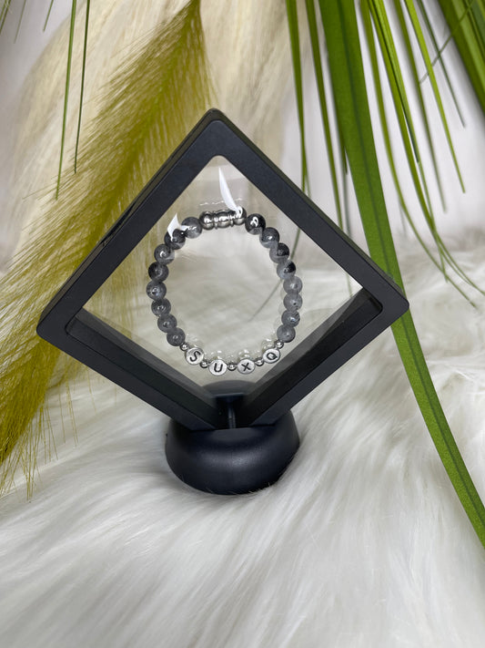 Black Labradorite Natural Stone 6mm “SUXQ” Stretchy Silver Plate Novelty Bracelet