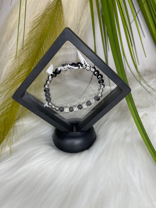 Black Onyx Stainless Steel “SUXQ” Silver Box Novelty Bracelet