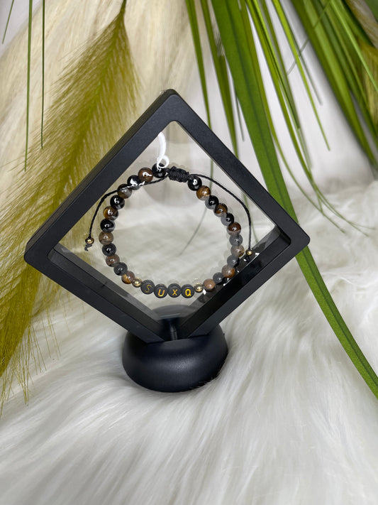 Tiger Eye “SUXQ” Natural Stone Adjustable  Black Plate Novelty Bracelet