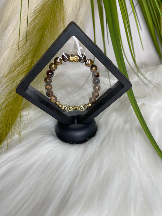 Tiger Eye “SUXQ” Natural Stone Gold Plate Stretchy Novelty Bracelet
