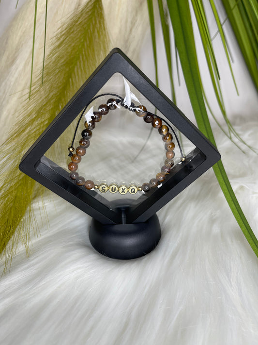 Tiger Eye “SUXQ” Natural Stone Adjustable Gold Plate Novelty Bracelet