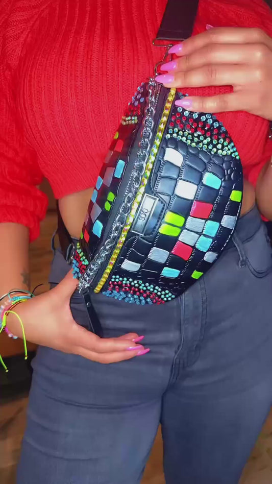 Bedazzled Metallic Crossbody Hipster Bag Galactic Black